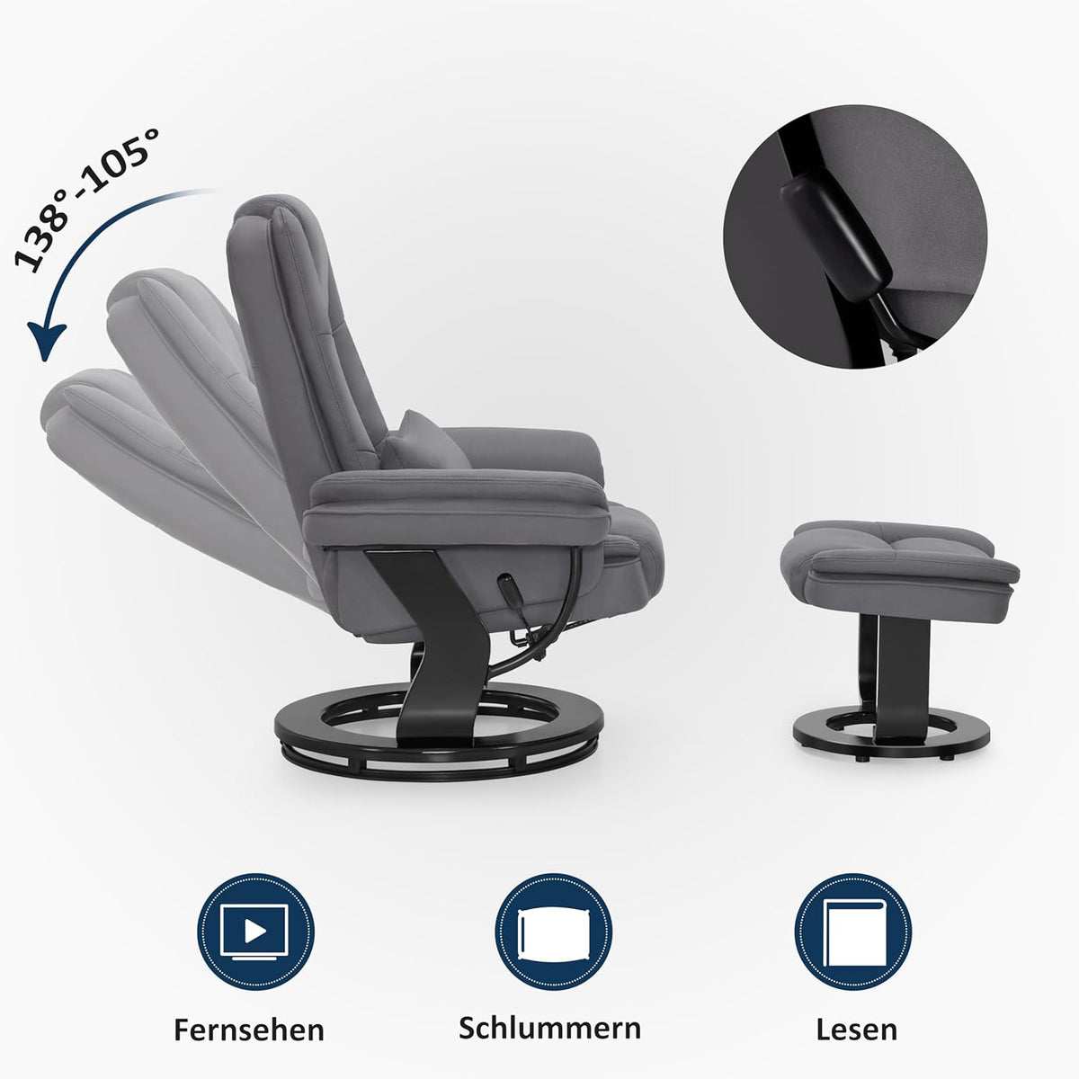 MCombo Sillón relax con función reclinable, sillón de lectura, sillón de TV giratorio 360°, con taburete, cojín y bolsillo lateral, sillón de TV para salón con capacidad de carga de hasta 120 kg, 9099 (microfibra, gris)