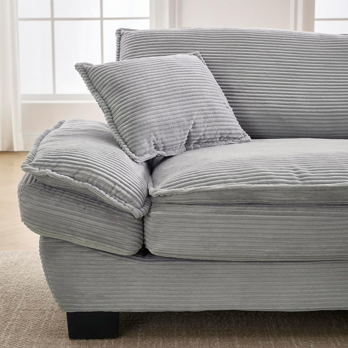 Sofá de 3 plazas, sofá con reposabrazos, cojines decorativos, sofá tapizado con funda de pana, acolchado grueso, sofá lounge, capacidad de carga hasta 450 kg, para sala de estar, dormitorio, 224x81x81cm (gris claro)