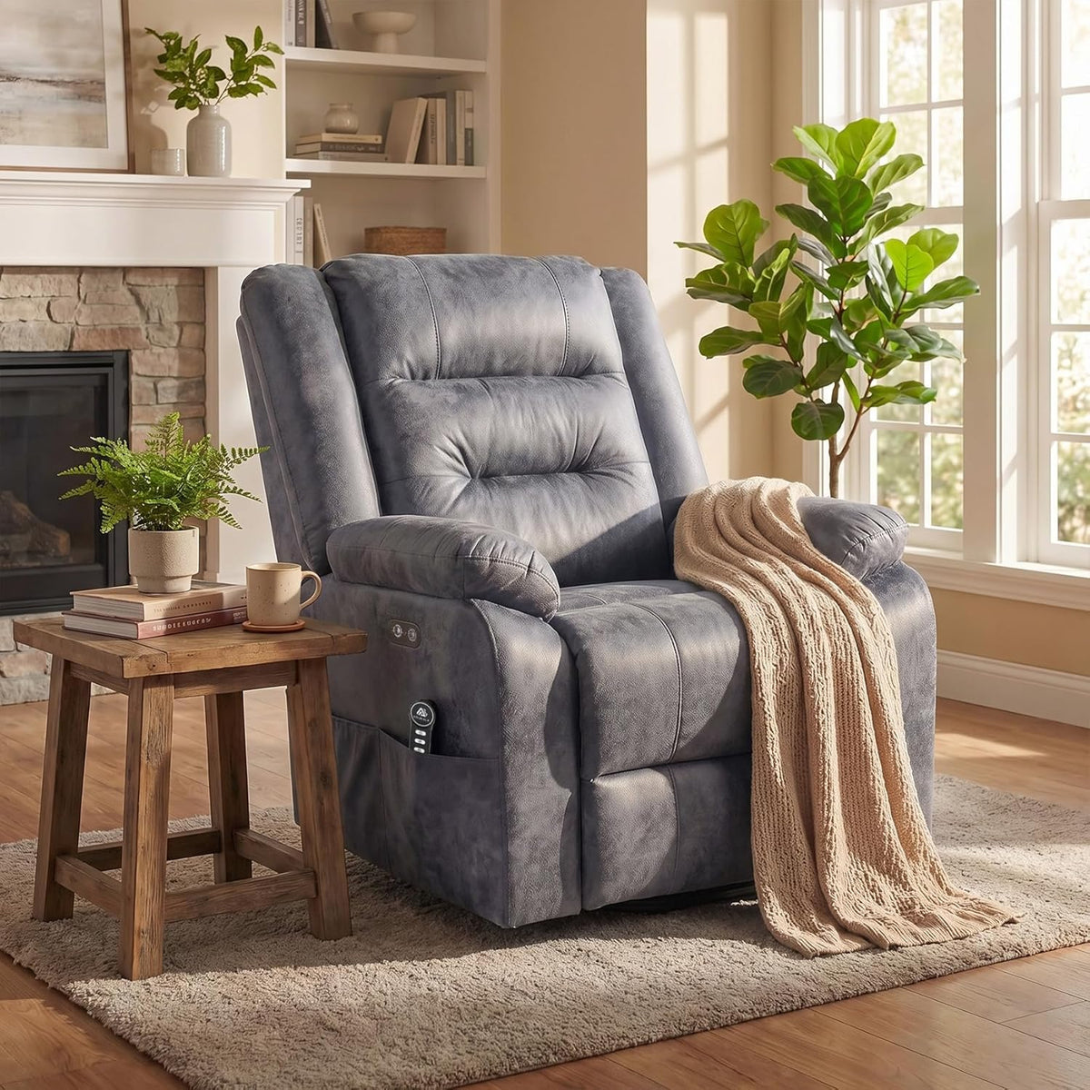 Sillón relax eléctrico con función de levantamiento, sillón de masaje con función de calor, función reclinable, control remoto ajustable, función de descanso y reposapiés, hasta 220 kg, cuero flocado gris oscuro