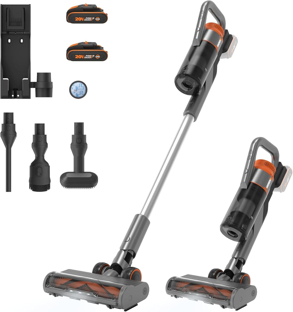 Aspiradora inalámbrica WORX 20V WX038, aspiradora de mano de 25Kpa, 45 min de autonomía, ligera para pelo de mascotas, alfombras y coche - incluye 2 baterías PowerShare, soporte de pared y cargador doble