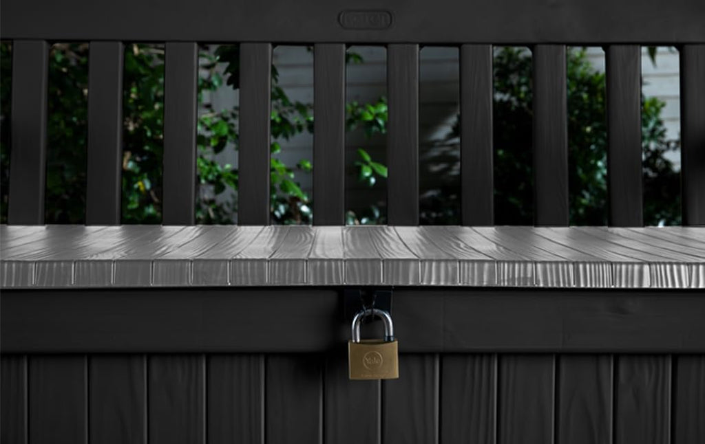 Banco de jardín Keter Eden para balcón y jardín, banco con arcón integrado de 265 l de capacidad, 140x60x84 cm, resistente a la intemperie, de fácil mantenimiento, gris, exterior, efecto madera