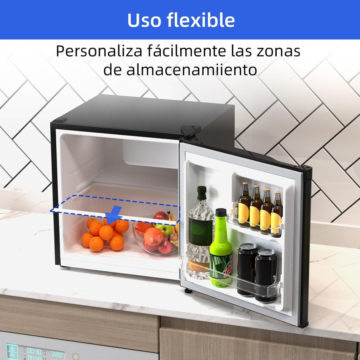 CHIQ Minibar, capacidad 46L, compresor incorporado, botellero y compartimento congelador, control de temperatura regulable, bajo nivel de ruido, puerta reversible, color negro