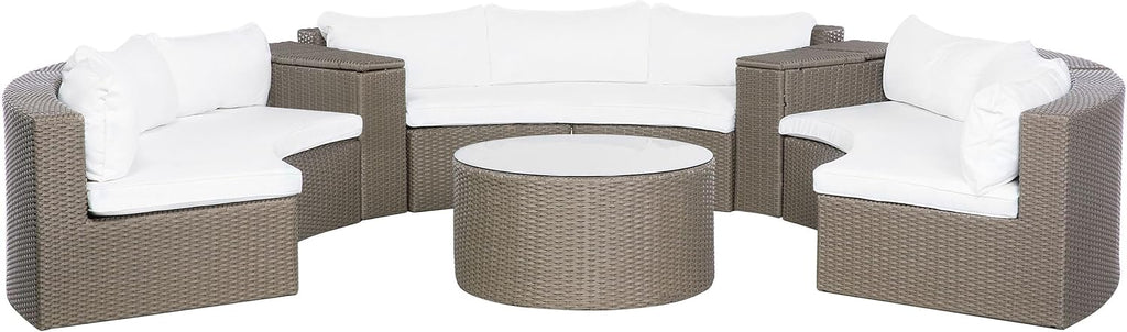 Conjunto lounge de 9 plazas Beliani de ratán marrón redondo con cojines blancos y mesa de centro Severo