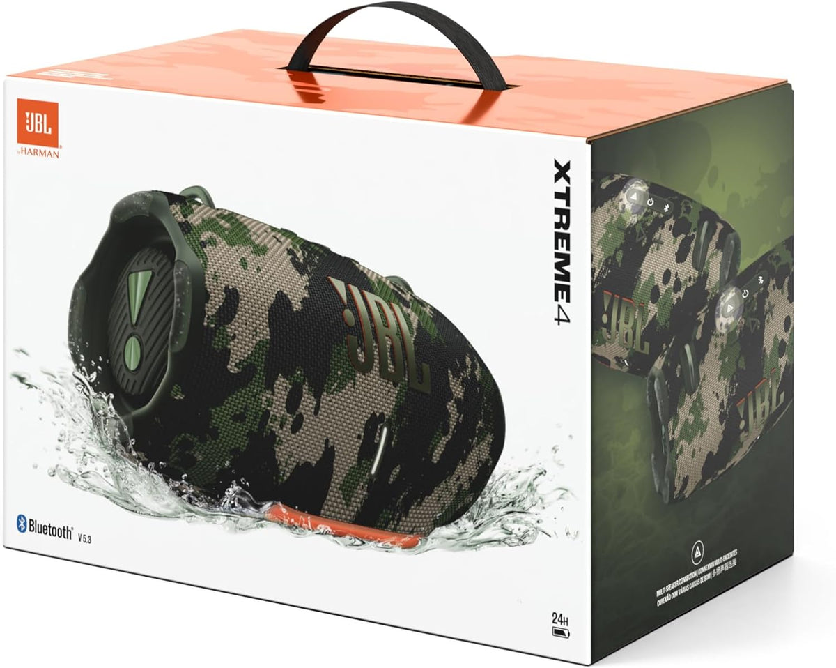 Altavoz JBL Xtreme 4 en camuflaje – Altavoz Bluetooth portátil con graves profundos, mejora de sonido por IA y batería externa integrada – Resistente al agua y al polvo – 24 horas de autonomía