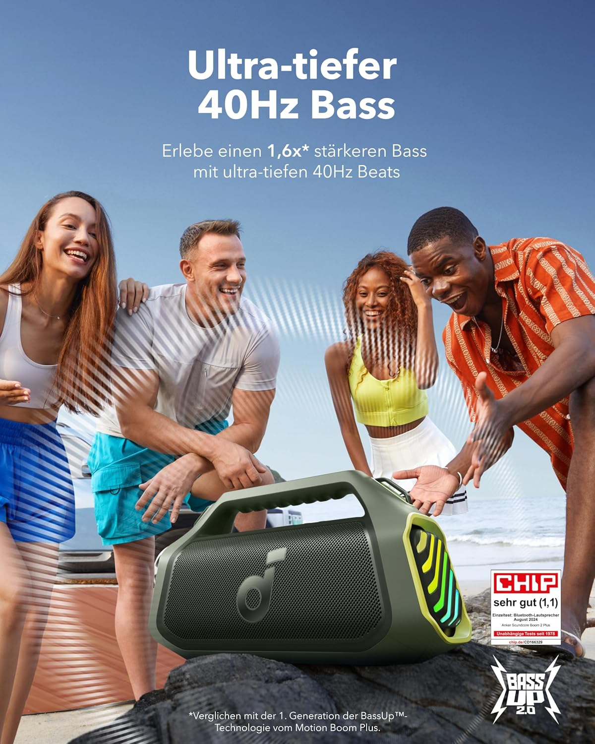 Altavoz para exteriores soundcore Boom 2 Plus, 140W, canal 2+2, BassUp 2.0, 20h, carga rápida, resistente al agua IPX7, luces RGB, USB-C, banco de energía, BT 5.3, altavoz Bluetooth portátil, camping