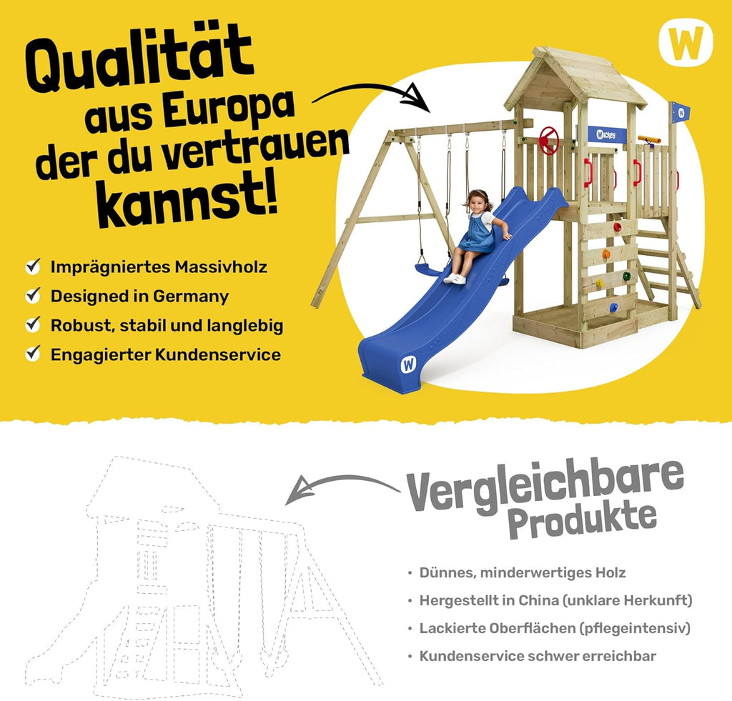 Torre de juegos WICKEY MultiFlyer con tejado de madera, columpio y tobogán verde pastel, torre de escalada para niños al aire libre con arenero, escalera y accesorios de juego para el jardín