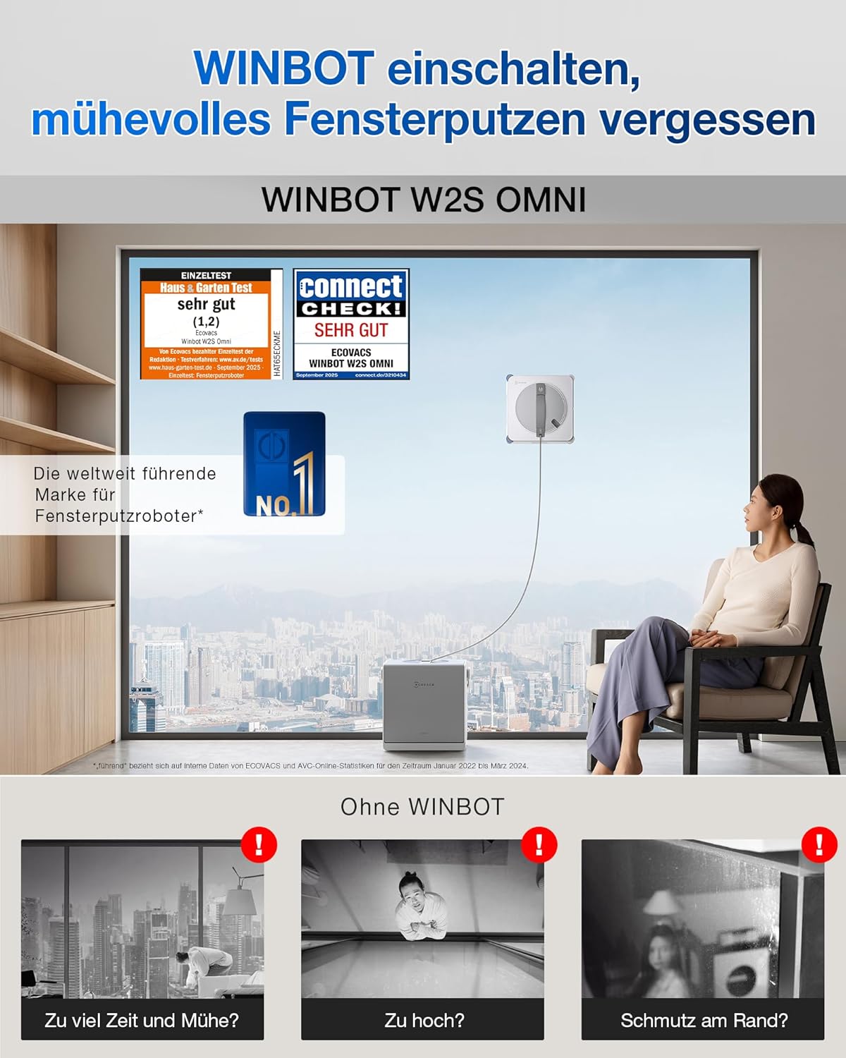 Robot limpiacristales ECOVACS WINBOT W2S Omni con estación multifunción, limpieza inteligente hasta los bordes con TruEdge™, carga durante el funcionamiento, TRES boquillas de agua, protección de 12 niveles