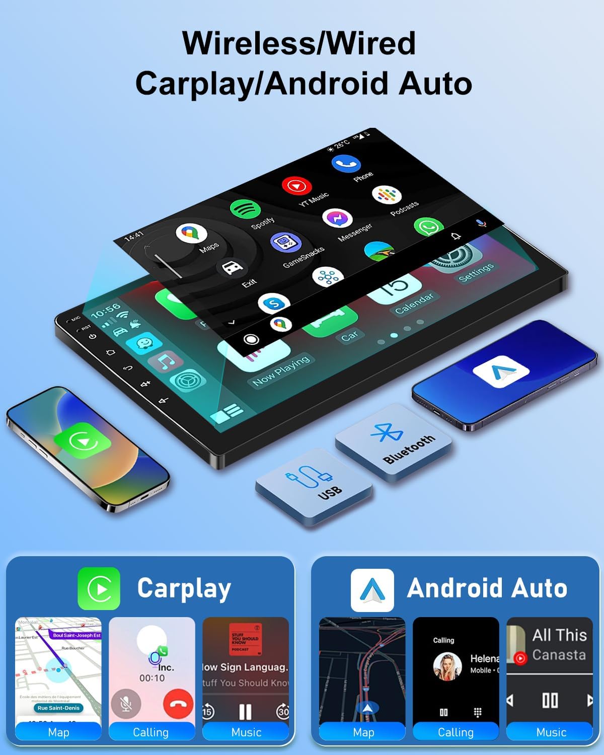 Autorradio Android NHOPEEW 2G+64G para Peugeot 206/206CC 2002-2008 - Carplay inalámbrico y Android Auto - Autorradio Carplay de 9 pulgadas con WiFi, ecualizador, GPS, FM, RDS + cámara de visión trasera AHD