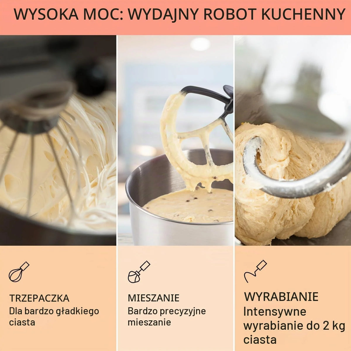 Klarstein Robot kuchenny, Maszyna do wyrabiania ciasta z misą 5L, 2000W profesjonalny robot z hakiem i trzepaczką, Uniwersalny z 6 biegami, Maszyna do mieszania, ugniatania i ubijania