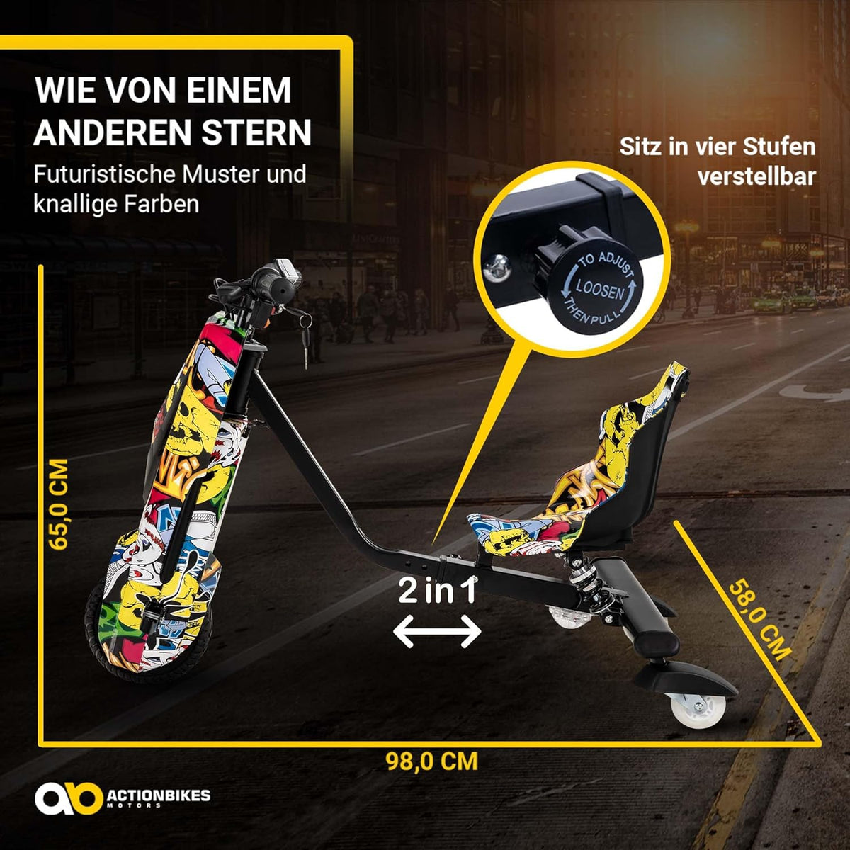 Actionbikes Motors Patinete Eléctrico Infantil para Derrapes | Motor de 𝟐𝟓𝟎 W - Carrito de Derrape 360° - 3 Niveles de Velocidad - Iluminación LED - Asiento Ajustable - Bluetooth - Kart de Derrape - Coche de Derrape (Space Purple)