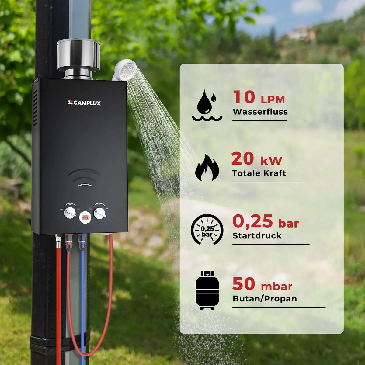 CAMPLUX Calentador de agua a gas 10L 50mbar BW264BC-DE Acero inoxidable Tapa impermeable Propano Butano Camping Autocaravana Lavadero A+