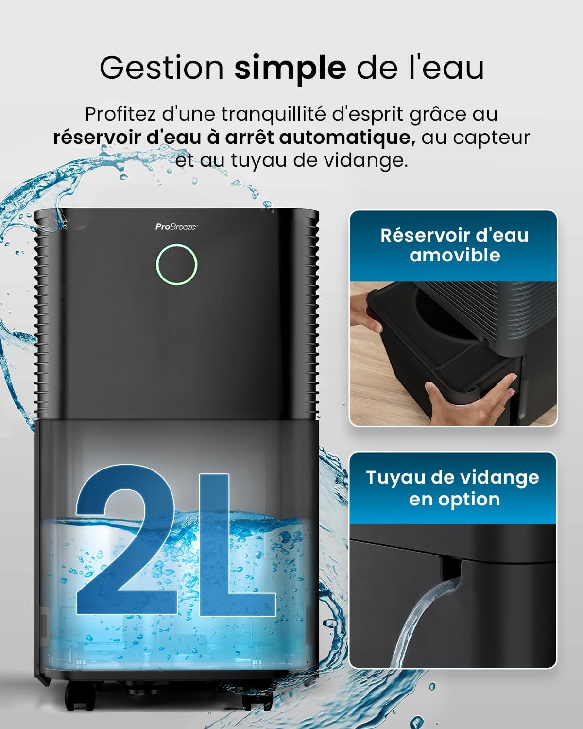 Deshumidificador con compresor inteligente Pro Breeze OmniDry 12L/día, depósito de 2L, temporizador de 24h, secado de ropa - Absorbedor de humedad automático, elimina moho y condensación