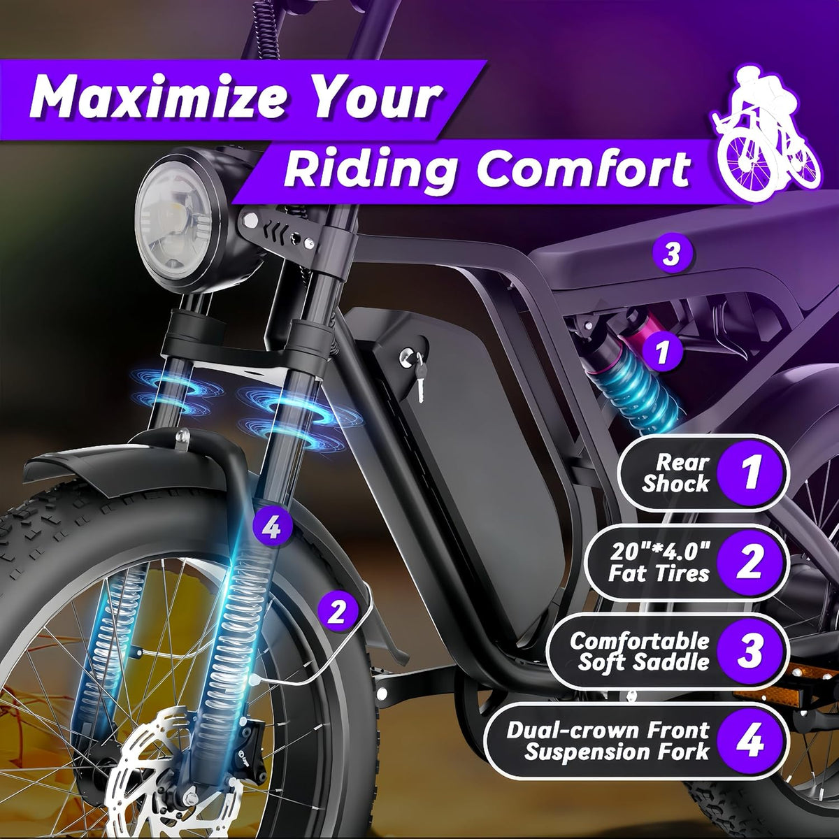 Bicicleta eléctrica DEEPOWER para adultos, batería extraíble de 48V/52V 20Ah, autonomía de hasta 60-110 km, neumáticos gruesos de 20 pulgadas, frenos de disco hidráulicos, Shimano de 7 velocidades, todoterreno