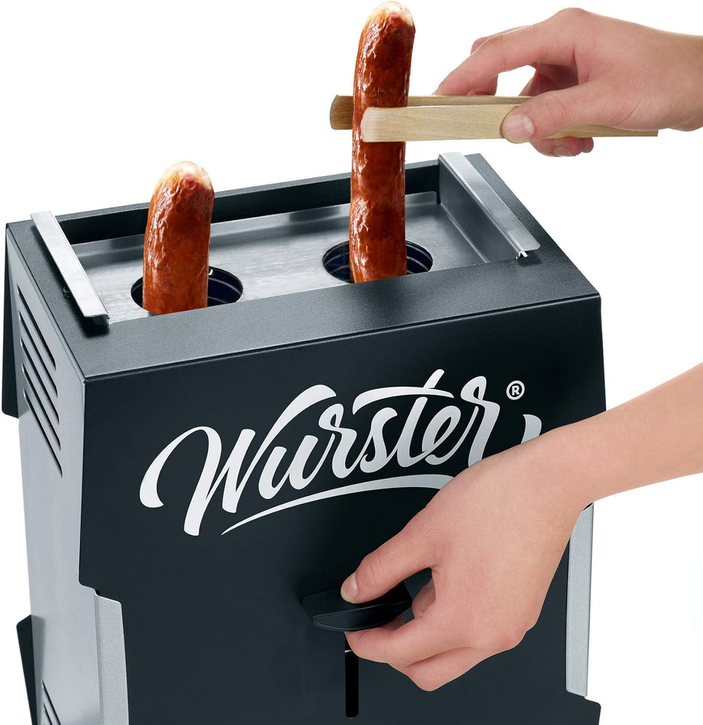 SEVERIN WURSTER, salchichas perfectamente doradas con solo pulsar un botón en solo 5 minutos, sin necesidad de añadir grasa, incluye pinzas de madera, negro, acero inoxidable/plástico, WT 5005