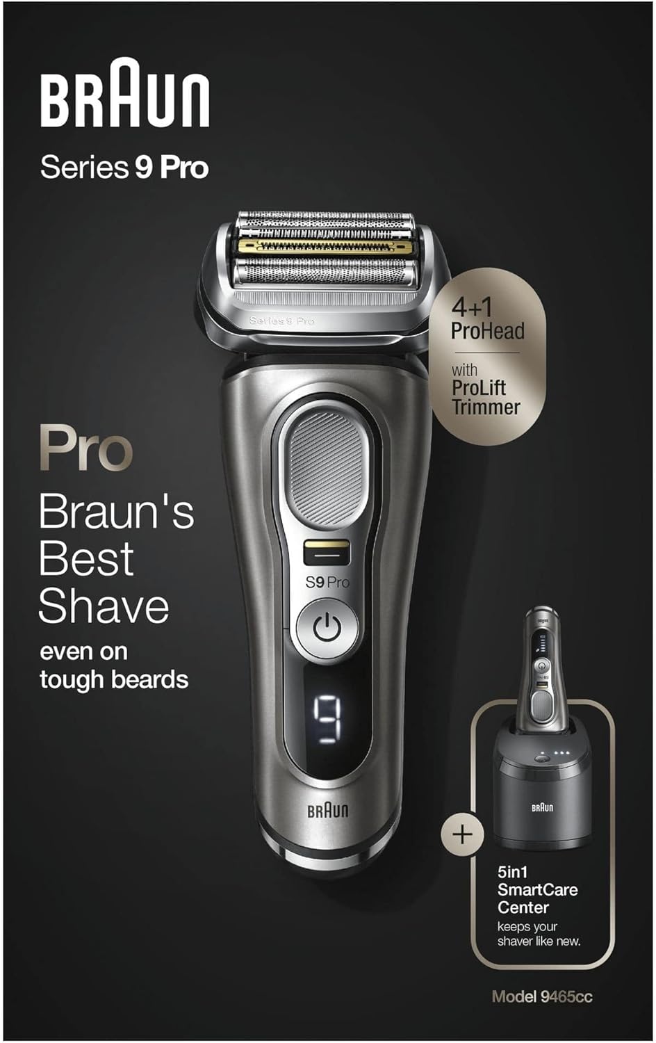Afeitadora Braun Series 9 Pro Premium para hombre, ganadora del test de Stiftung Warentest, cabezal de afeitado 4+1, afeitadora eléctrica y recortadora, estación de limpieza, 60 min de autonomía, 9465cc, metal noble