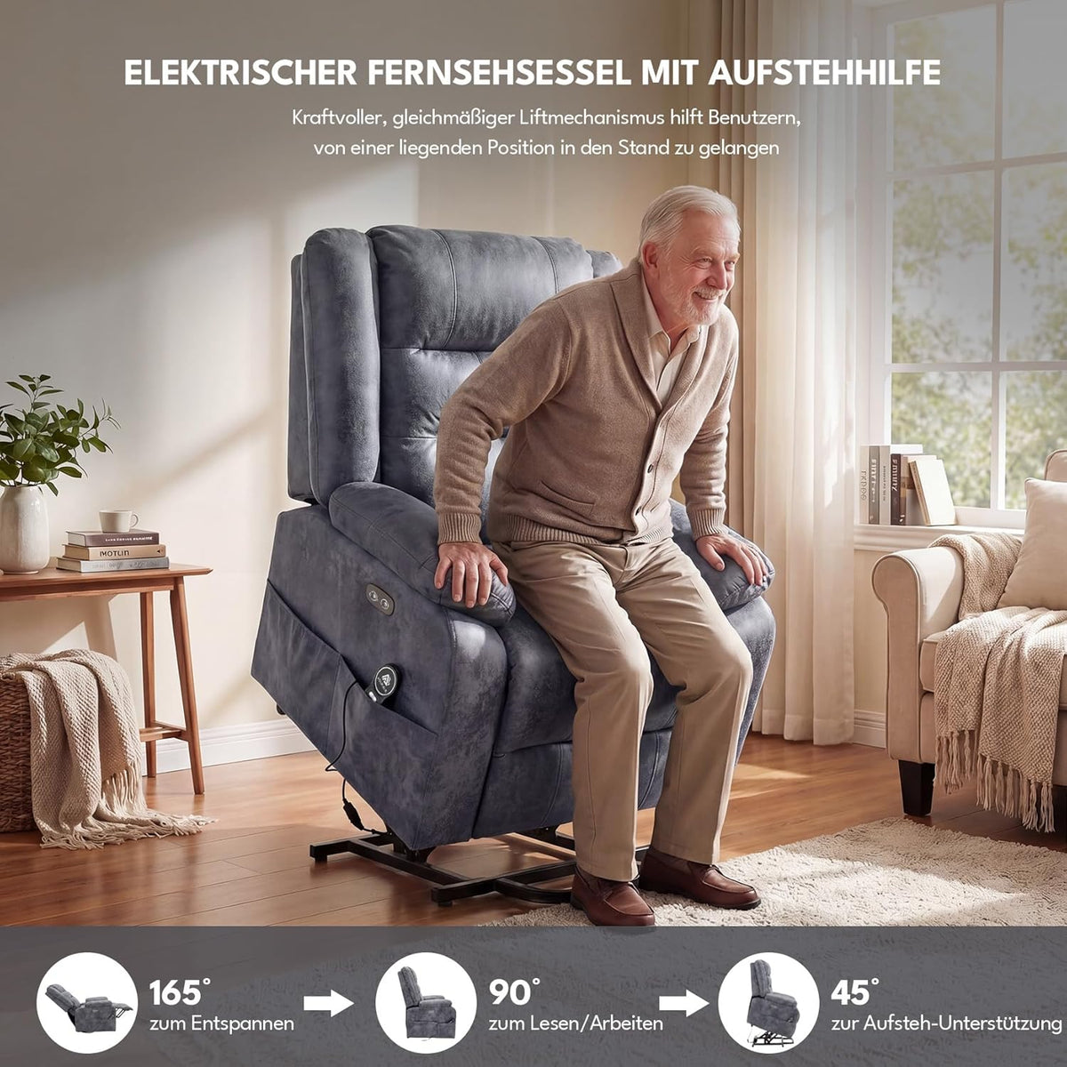 Sillón relax eléctrico con función de levantamiento, sillón de masaje con función de calor, función reclinable, control remoto ajustable, función de descanso y reposapiés, hasta 220 kg, cuero flocado gris oscuro