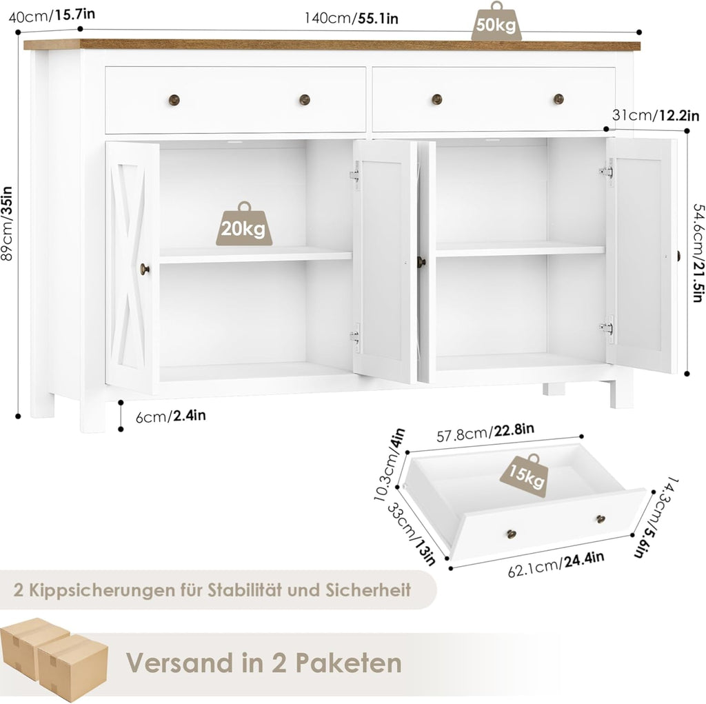 Aparador FirFurd de 140 cm de ancho, armario de cocina con encimera, alacena con 2 cajones y 4 puertas, mueble buffet de cocina con estante ajustable, aparador para cocina, salón y comedor, blanco, 140x89x40 cm