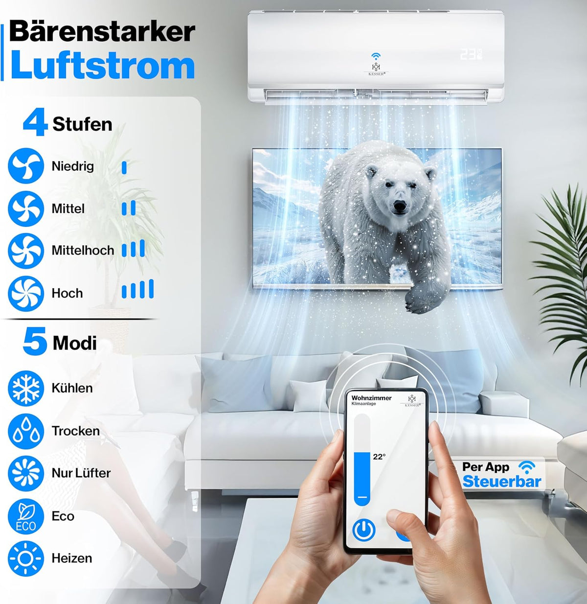 KESSER® Set de aire acondicionado Split - con función WiFi/App - Refrigeración A++/ Calefacción A+ - 9000 BTU/h (2600 vatios) Refrigerante R32 - Mando a distancia, función de temporizador - Incluye material de montaje completo