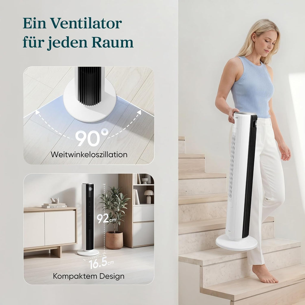 Ventilador de torre Levoit con modo de suspensión avanzado, silencioso, temporizador de 12 horas, 4 modos, 5 velocidades, modo automático con sensor, oscilación, mando a distancia, blanco, 92 cm