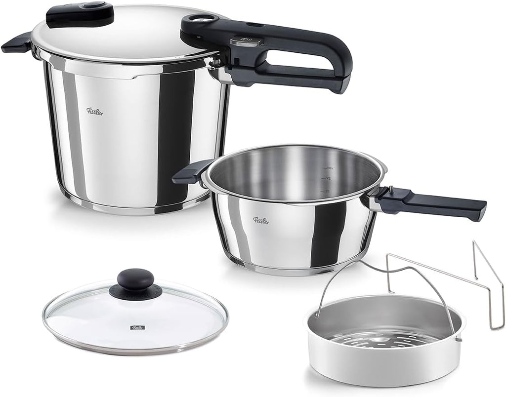 Set de ollas a presión Fissler Vitaquick Edition de 6 piezas (2 ollas a presión de Ø 22 cm, 3,5 L y 6 L) incluye tapa metálica, tapa de vidrio, cestillo, inducción – Fabricado en Alemania