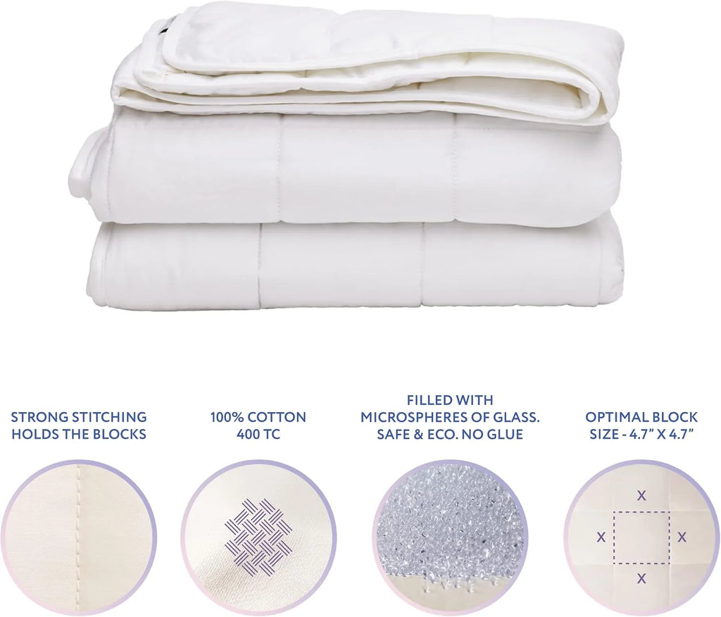 SLEEP & GLOW Chłodzący koc obciążeniowy premium 400 TC, bawełna ze szklanymi koralikami i bez kleju, całoroczny, oddychający, ciężki koc - 4,5 kg, pojedynczy rozmiar 122 x 183 cm (biały)