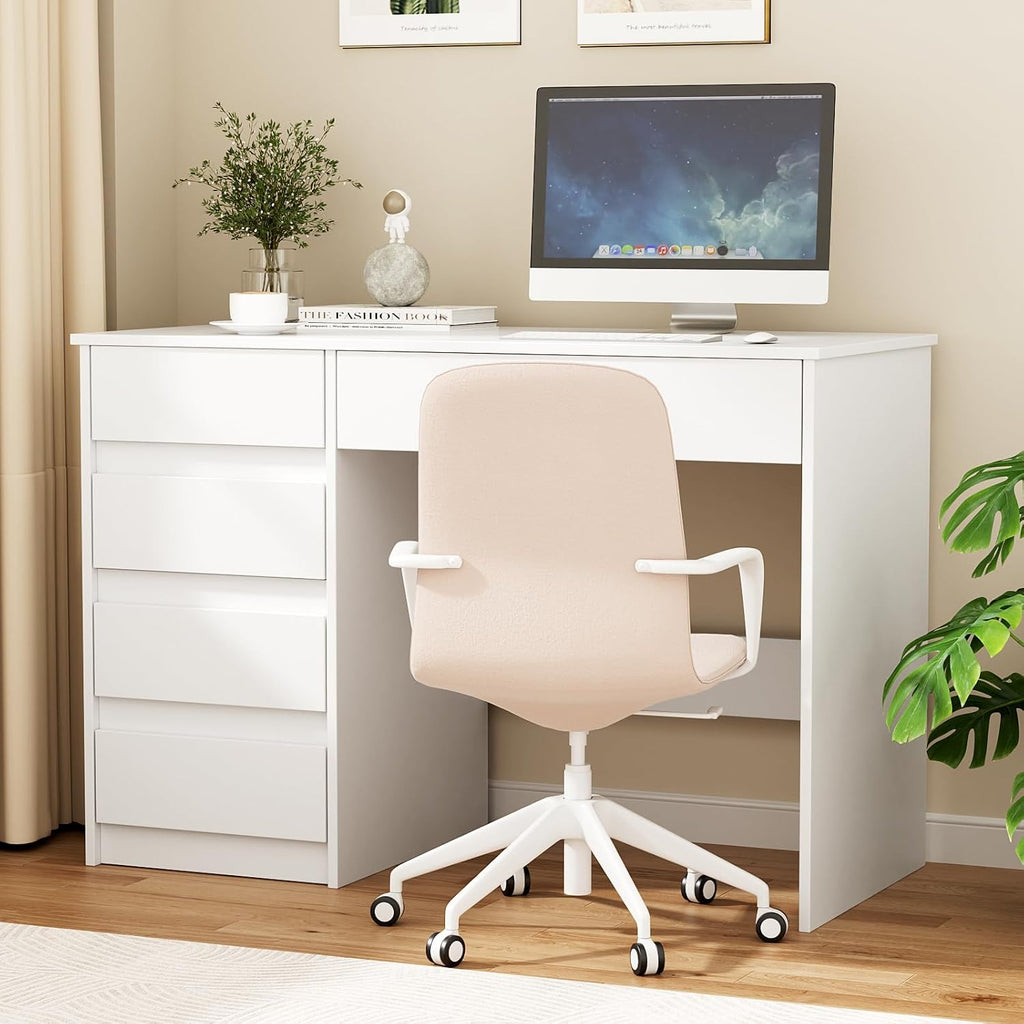 Escritorio VOWNER con 5 cajones, escritorio para computadora con almacenamiento, mesa de PC para habitación juvenil o dormitorio | Mesa de trabajo, 110x50x75 cm (blanco)