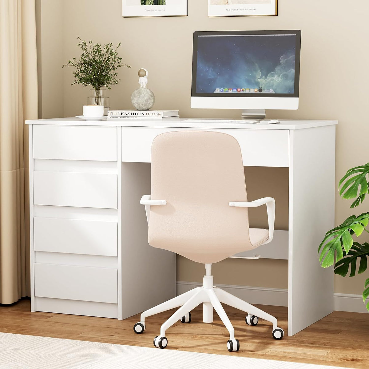 Escritorio VOWNER con 5 cajones, escritorio para computadora con almacenamiento, mesa de PC para habitación juvenil o dormitorio | Mesa de trabajo, 110x50x75 cm (blanco)