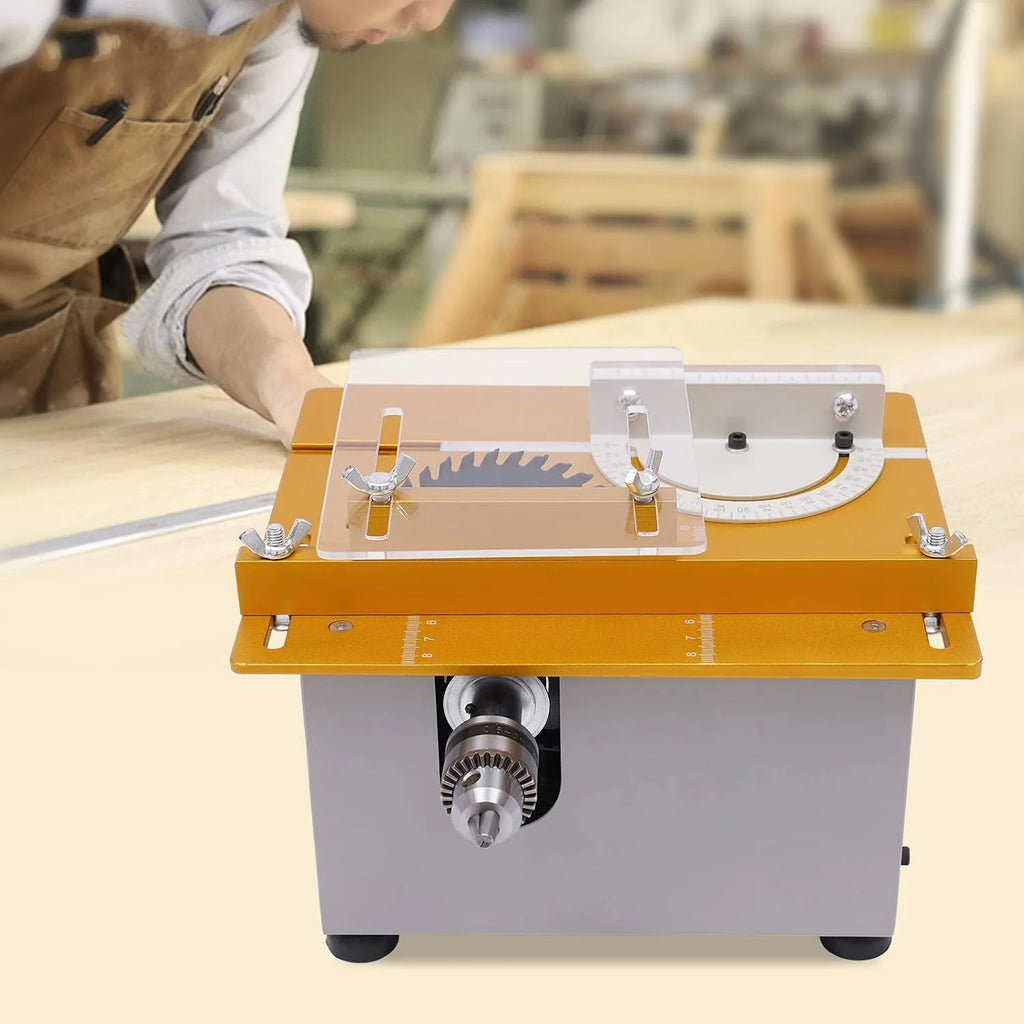 Mini stołowa pilarka tarczowa 300 W, wielofunkcyjna pilarka stołowa, przenośna, precyzyjna piła stołowa z 4 brzeszczotami, regulowana wysokość brzeszczotu, 9000 obr./min, do cięcia, szlifowania,