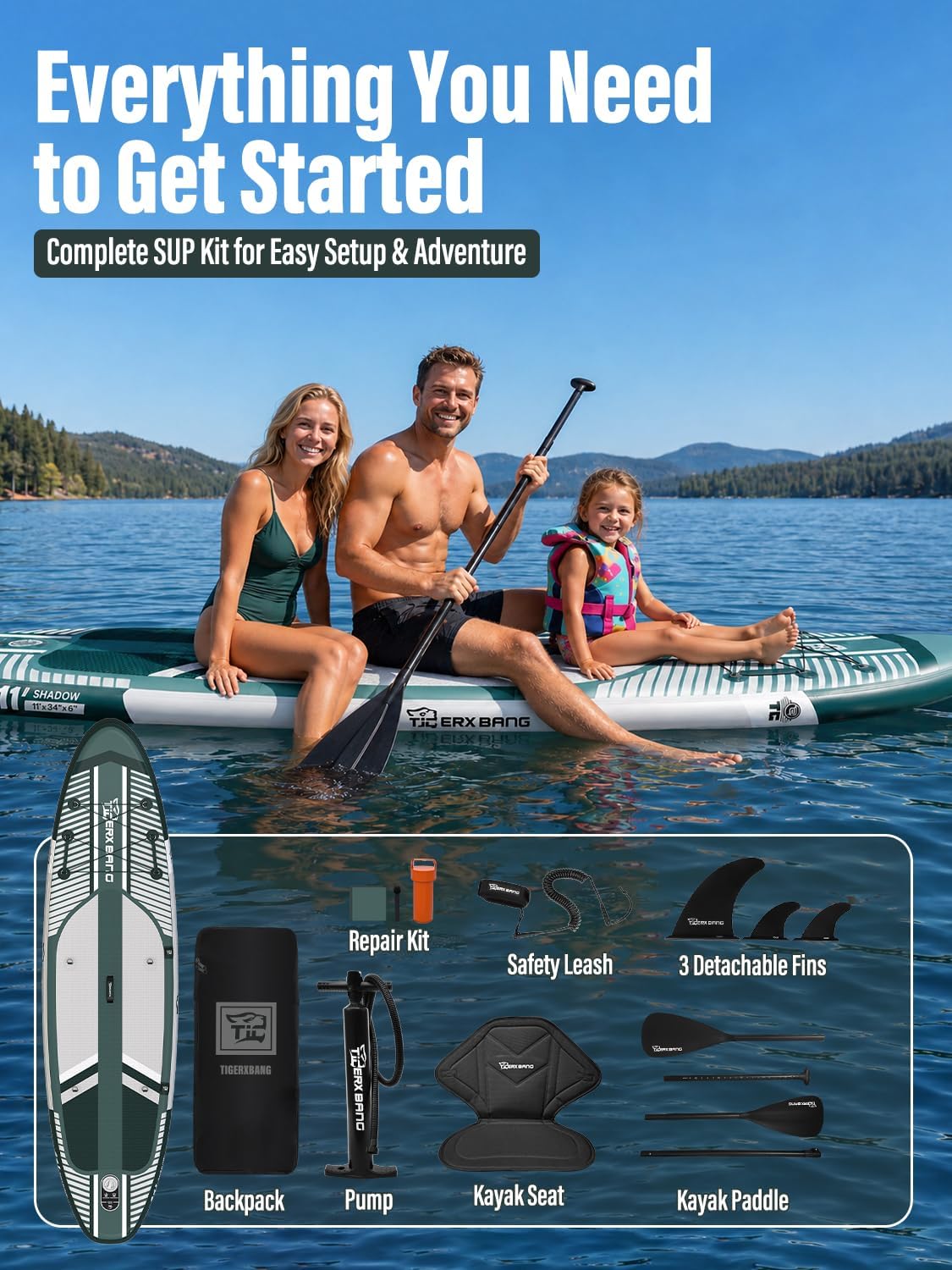 TIGERXBANG Tabla de surf de remo inflable (SUP) con accesorios, 335 × 86 × 15 cm, tabla SUP para adultos, colección Shadow