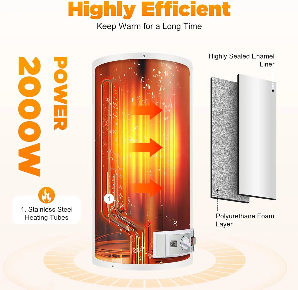 Elektryczny zbiornik ciepłej wody 2000 W, inteligentny bojler, montaż ścienny, bojler ciepłej wody 80 l, w zestawie zawór bezpieczeństwa, głowica prysznicowa i wąż, IPX4, temperatura ogrzewania 25-75℃