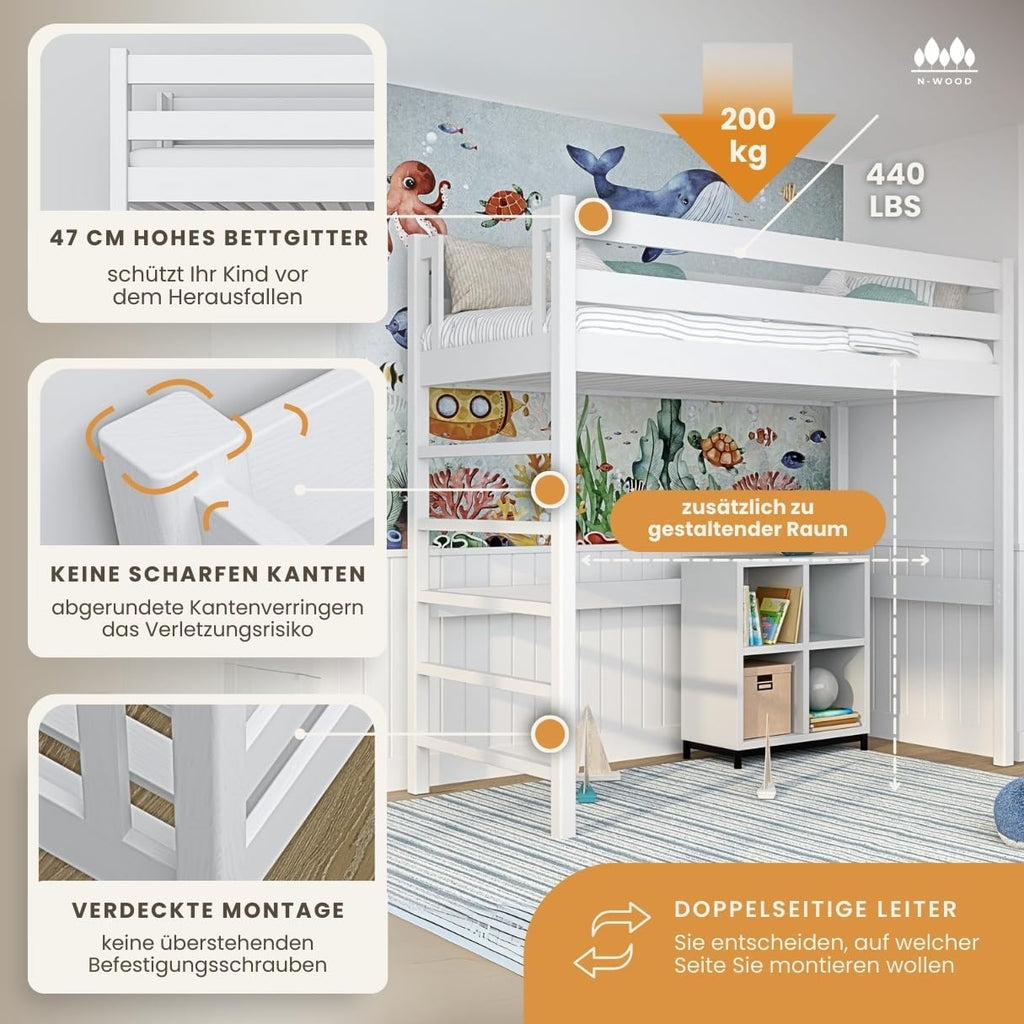 N01 Cama alta de madera 100x200 cm, litera con escalera, 2 lados de montaje de escalera: izquierda o derecha, bordes redondeados seguros, construcción estable de madera maciza, materiales de alta calidad, blanco