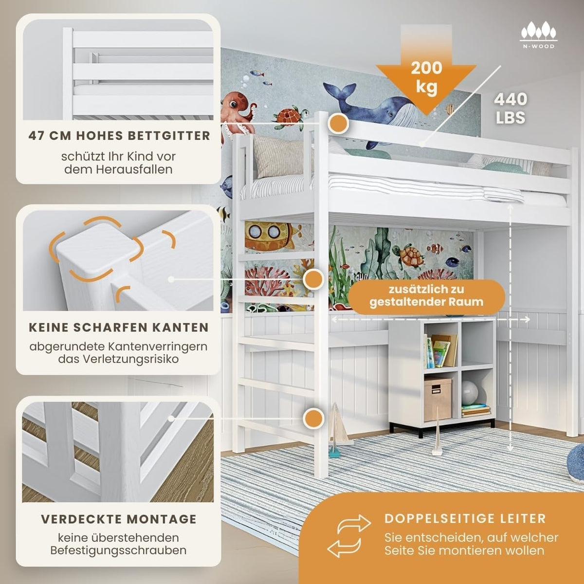 N01 Cama alta de madera 100x200 cm, litera con escalera, 2 lados de montaje de escalera: izquierda o derecha, bordes redondeados seguros, construcción estable de madera maciza, materiales de alta calidad, blanco