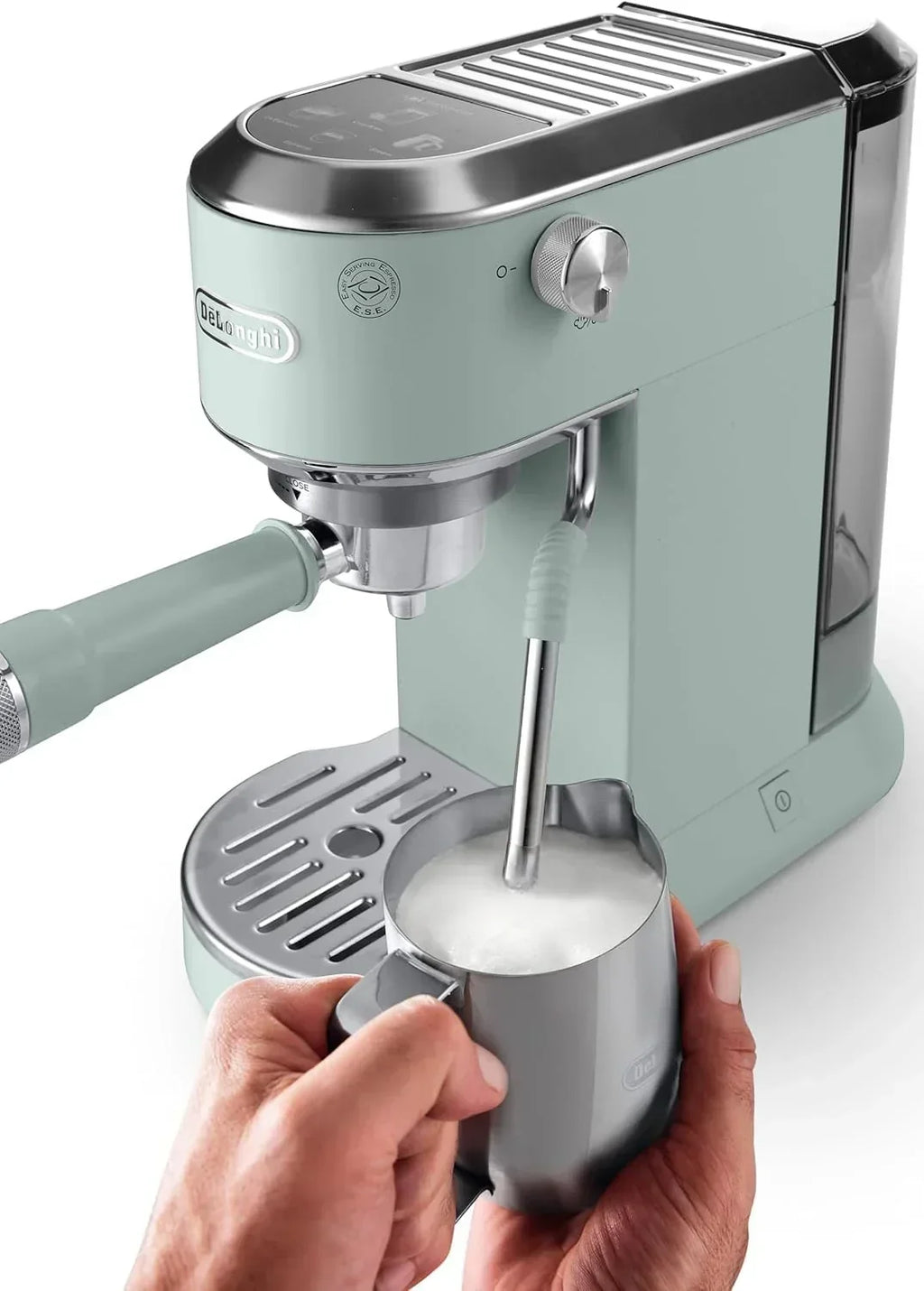 De'Longhi Dedica – Cafetera de bomba de acero inoxidable para café molido o monodosis, espresso y capuchino, depósito de 1,3 litros, sistema antigoteo, modelo EC685.M, color metal