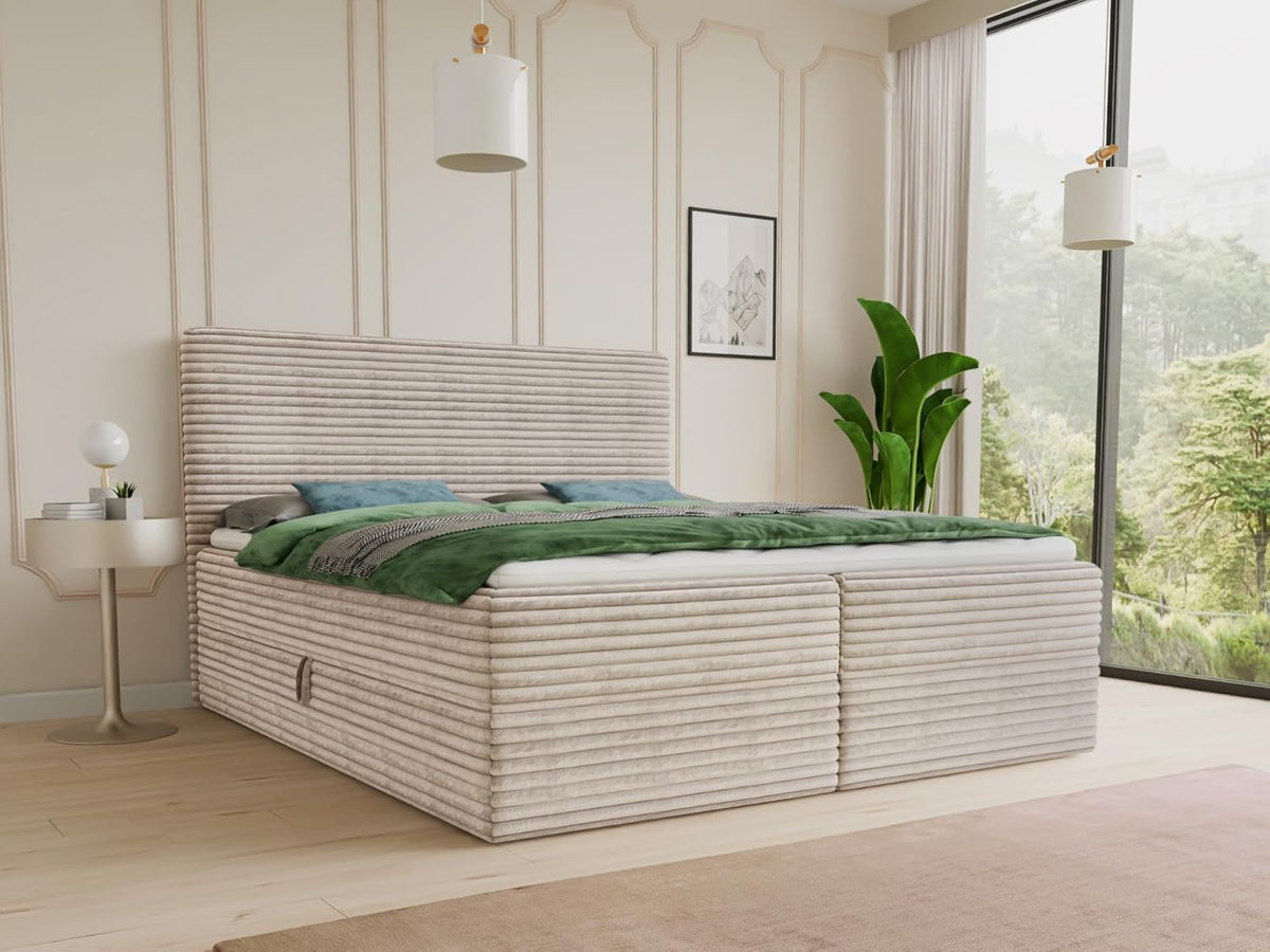 Cama boxspring Sofnet Mollo con 2 cajones, cama doble con colchón Bonell y topper, cama tapizada en suave tela de pana, cama, estructura de cama para dormitorio (Beige (Tilia 03), 140 x 200 cm)