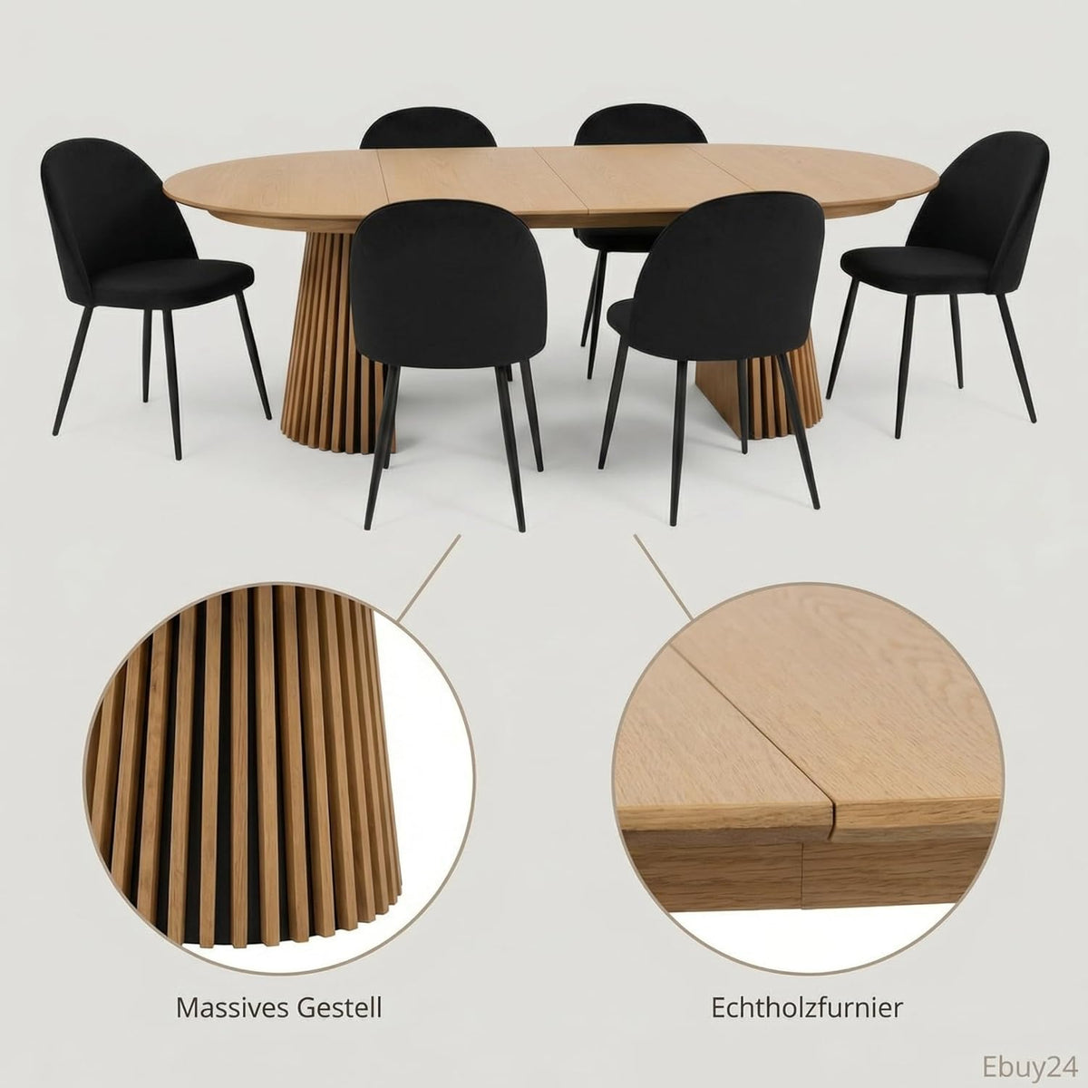 ebuy24 Mesa de comedor ovalada extensible - Juego de comedor Tokyo de 7 piezas para 6 personas, color natural, 120x120-160/200 cm, mesa con 6 sillas de terciopelo negro, conjunto de comedor, grupo de comedor, cocina comedor, muebles de comedor
