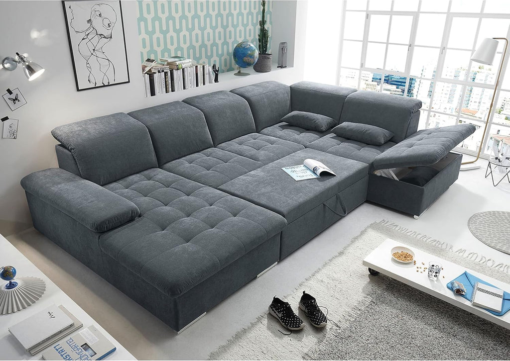 Sofá rinconera en forma de U Stella Trading WAYNE, tapicería de tela color antracita - Sofá extensible con función de cama y arcón - 340 x 81 (104) x 188 (240) cm (ancho/alto/fondo)
