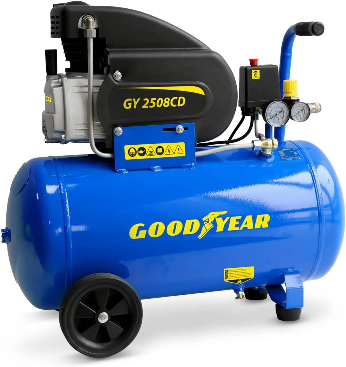 Goodyear - Kompresor powietrza o pojemności 50 litrów, wydajność ssania 210 l/minutę, 2800 obr./min. Ciśnienie znamionowe 8 bar/115 PSI. Ochrona przed przeciążeniem. Regulator do dużych obciążeń.