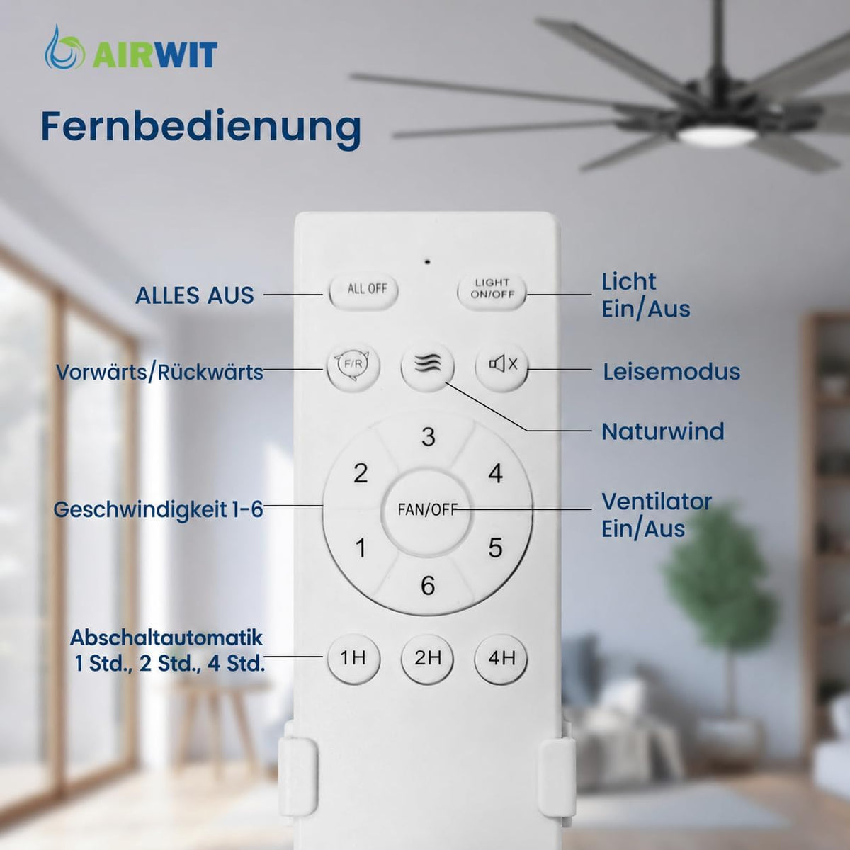 Ventilador de techo Airwit de 183 cm con luz, extra grande, de madera compuesta para exteriores, silencioso, con mando a distancia, lámpara con ventilador para terraza, industrial, habitaciones grandes