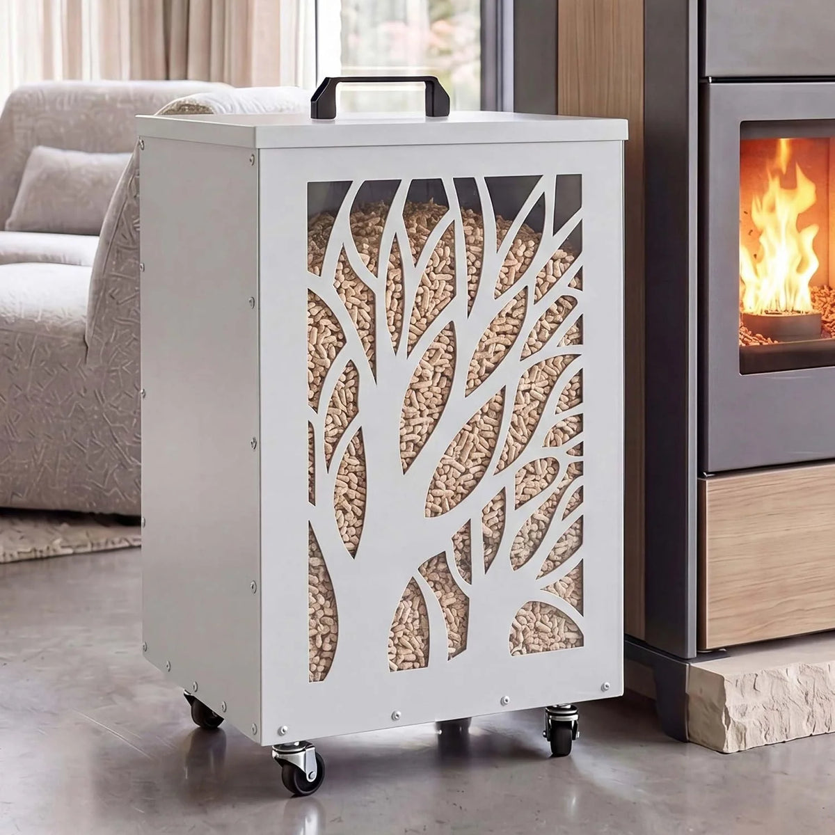 Mendler Pojemnik na pellet HWC-Q30 drzewa, pudełko do przechowywania np. karmy dla zwierząt, rolki nóżki 64 x 36 x 36 cm – biało-jasnoszary