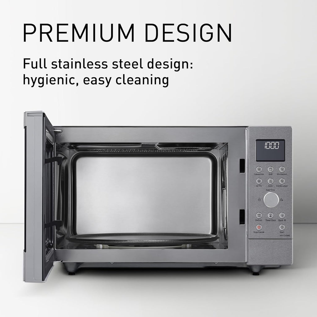 Microondas combinado 4 en 1 Panasonic NN-CD58RSEPG de 27 l con modo Airfryer y bandeja para hornear, inversor de 1000 W, grill de 1300 W, convección, 19 programas automáticos, acero inoxidable