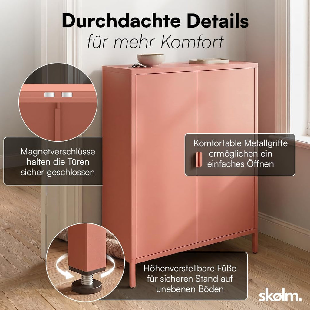 Cómoda de metal Ituri skølm – Armario de metal con 3 estantes ajustables – Aparador de salón color terracota – Armario de almacenamiento de acero – Mueble alto de diseño industrial – Armario de oficina/recibidor