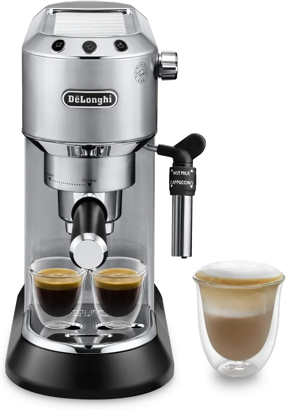 De'Longhi Dedica – Cafetera de bomba de acero inoxidable para café molido o monodosis, espresso y capuchino, depósito de 1,3 litros, sistema antigoteo, modelo EC685.M, color metal