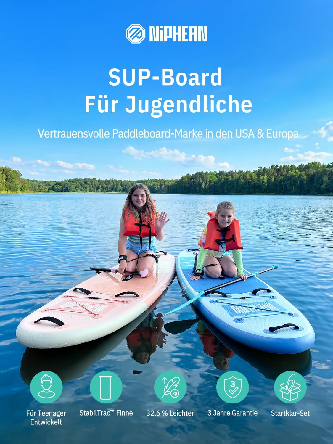 Tabla de paddle surf Niphean con asiento, tabla SUP (ultraligera) para mujeres, tabla de paddle surf con aleta StabilTrac de +30% de estabilidad, tabla de paddle inflable antideslizante para yoga y apta para mascotas