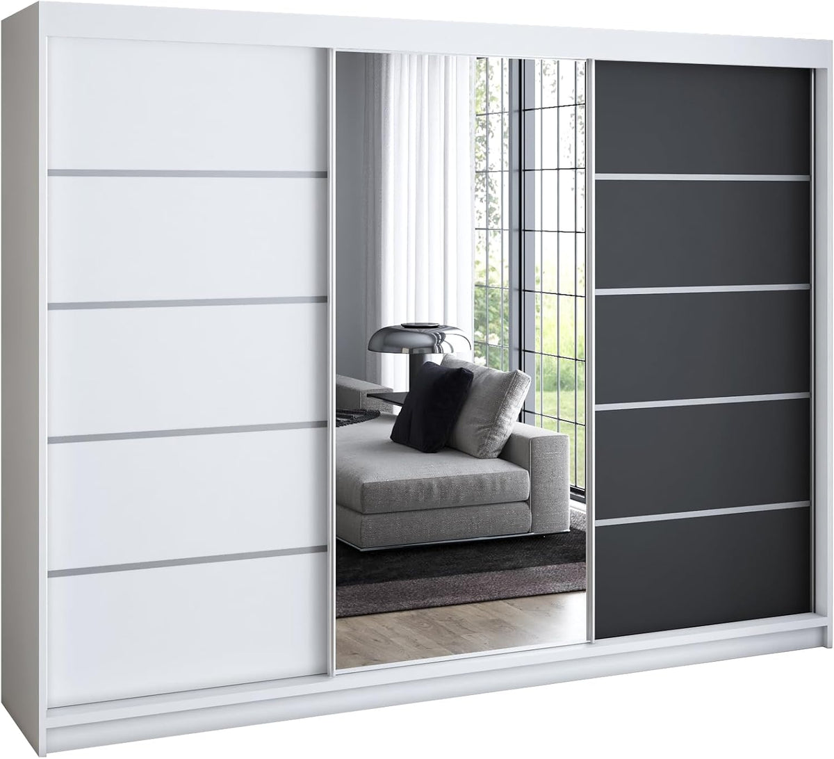 A&J MöbelLand Armario de puertas correderas VILUNO 1, ropero de 3 puertas de 200 cm con espejo, 4 cajones y 2 barras para ropa, armario espacioso para dormitorio (blanco/negro)