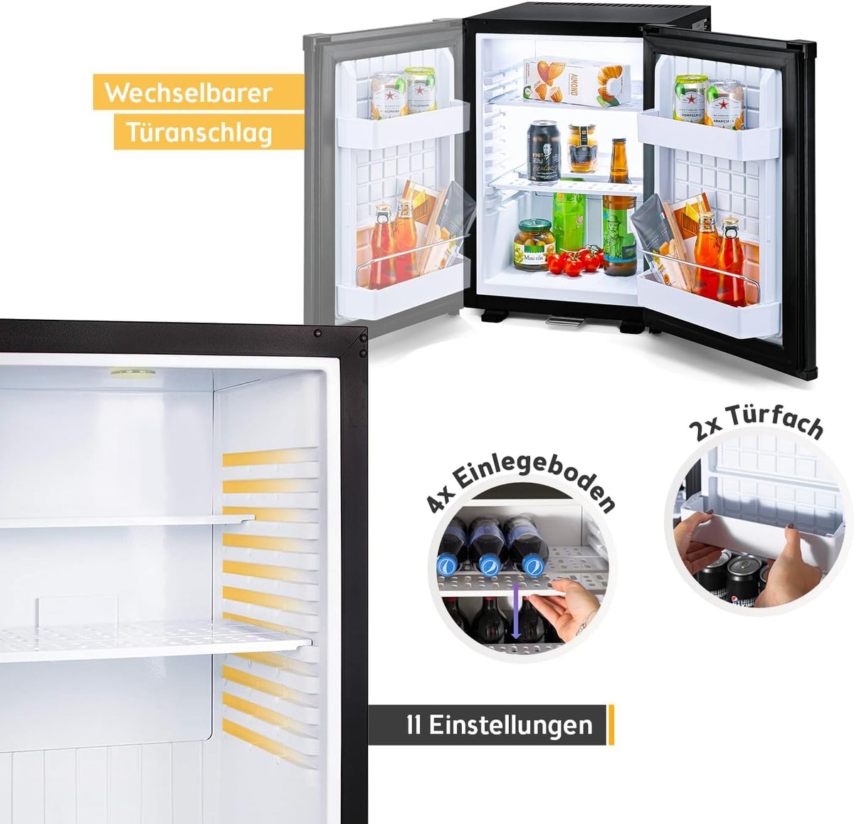 TZS First Austria - Mininevera 40L silenciosa y con cerradura - Mininevera pequeña, sentido de apertura de puerta reversible e iluminación interior - Minibar para camping, oficina, dormitorio y hotel - Negro mate