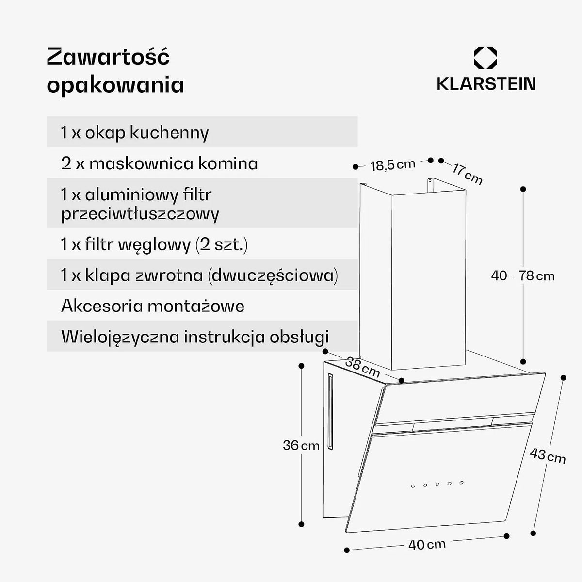 KLARSTEIN Alina Okap kuchenny, 540 m³/h, klasa A, RGB LED, 3 poziomy, sterowanie dotykowe, 60 dB czarny, okap ścienny, tryb recyrkulacji