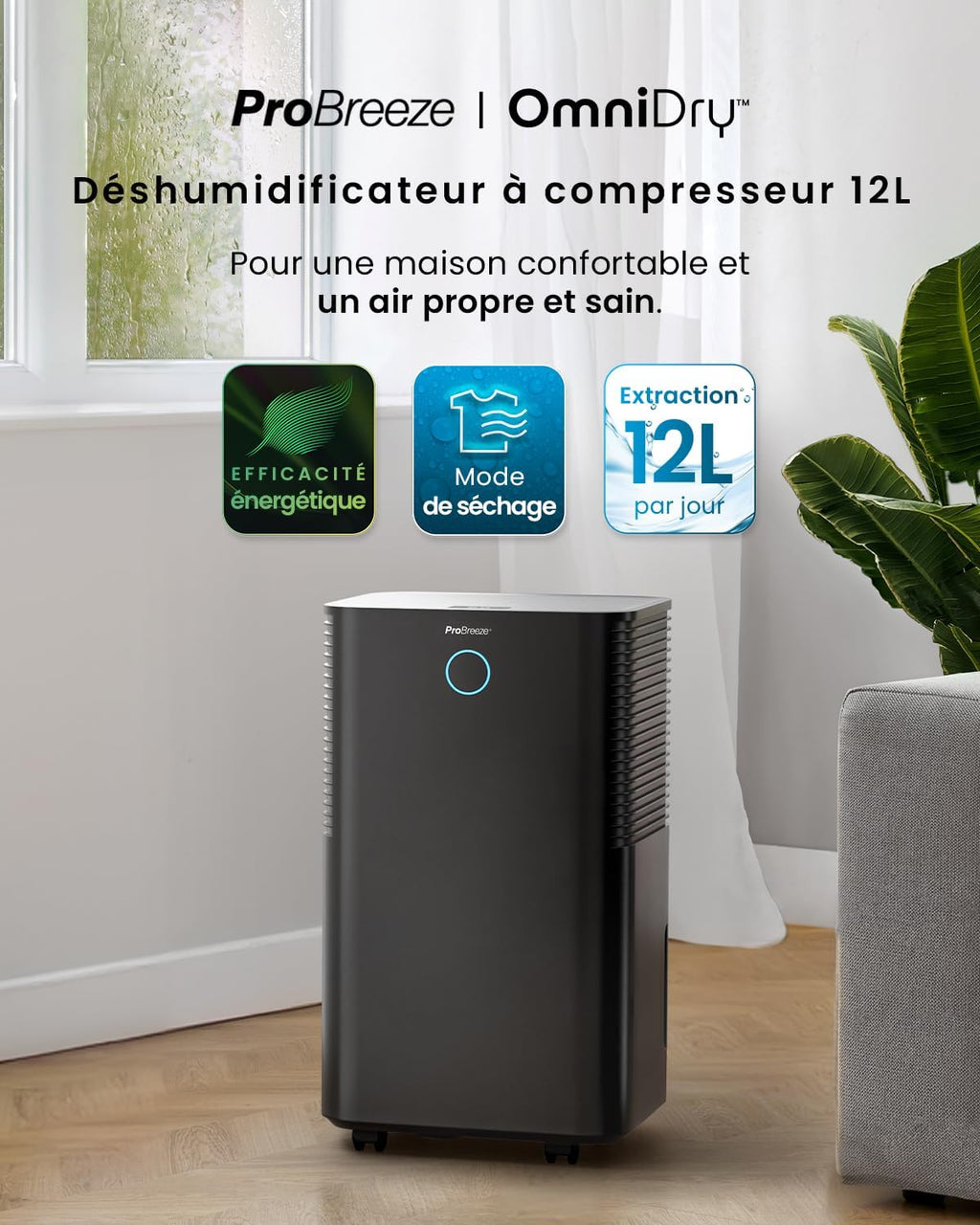 Deshumidificador con compresor inteligente Pro Breeze OmniDry 12L/día, depósito de 2L, temporizador de 24h, secado de ropa - Absorbedor de humedad automático, elimina moho y condensación