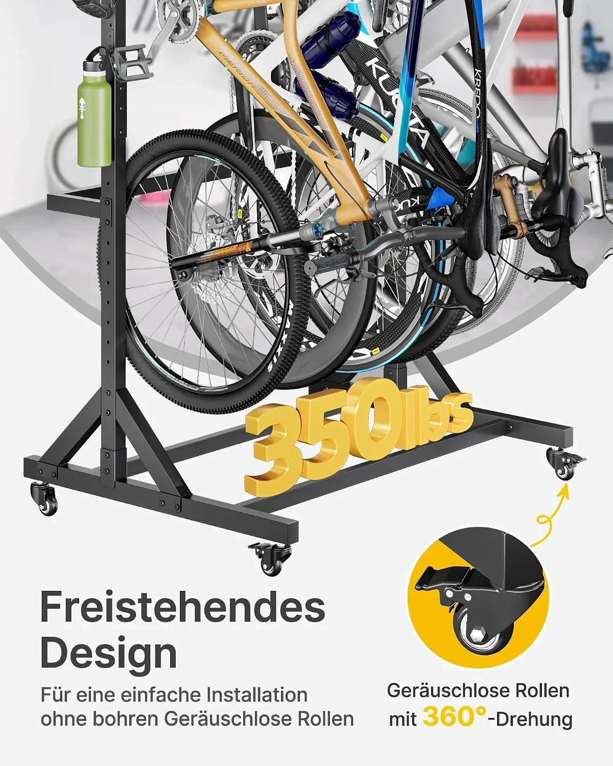 Soporte para bicicletas independiente para 5 bicicletas, portabicicletas vertical con 5 ganchos, 6 ganchos para cascos, estructura de acero, capacidad de carga de 160 kg