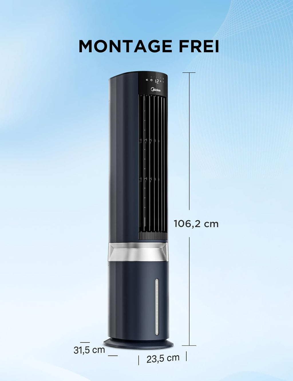 Enfriador de aire Midea Sensicool con refrigeración por agua de 7L | Aire acondicionado portátil sin tubo de escape | Ventilador con refrigeración por agua | Enfriador evaporativo de 2000 m³/h, 6 velocidades, pantalla táctil (azul)