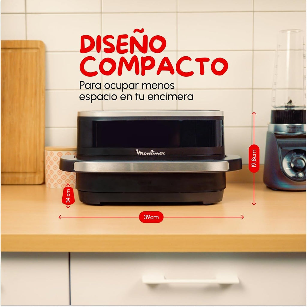 Moulinex Freidora de Aire Easy Fry XL Surface, 2200 W, doble resistencia, cocción uniforme, cesta ancha, 10 programas automáticos, horno para pizzas, diseño compacto, ventana de visualización, AL4018